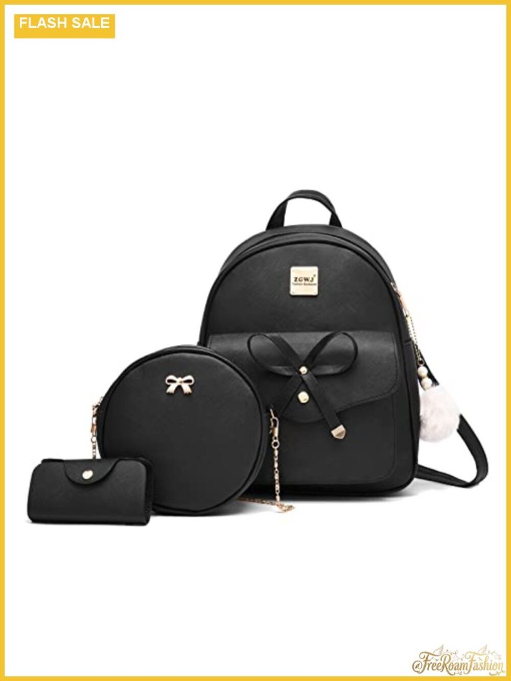 Mini Leather Backpack 3-Piece Set Bowknot Zipper Purse Crossbody Wallet Fashion